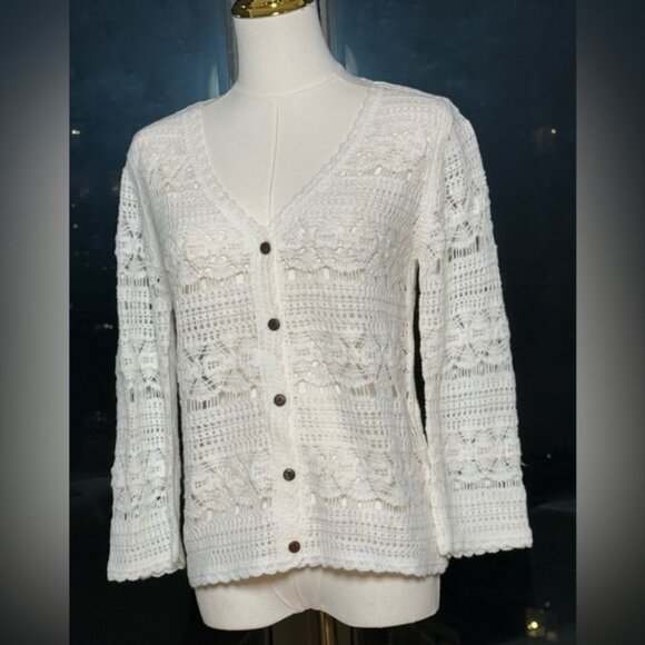 🆕 FARM Rio 🧿 NWOT White Crochet Button Up Cardigan Sweater, Sz S - Picture 10 of 15